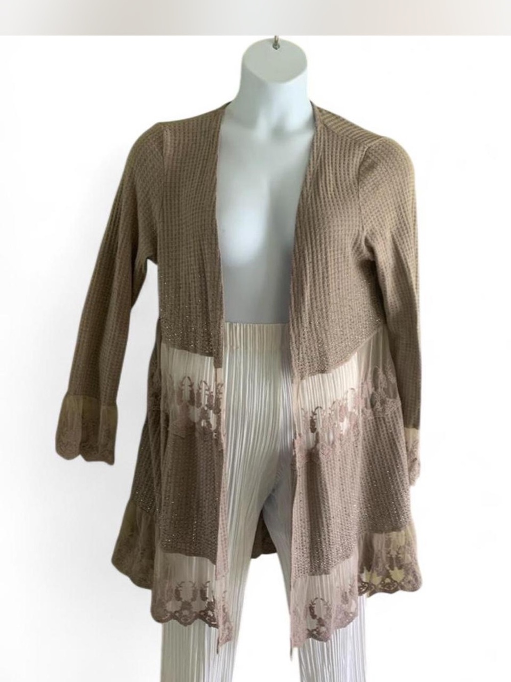 Vocal Taupe Open-Front Knit Cardigan with Lace Panels